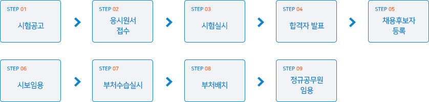 5급 공채 채용절차: 1.시험공고> 2.응시원서접수> 3.시험실시> 4.합격자 발표> 5.채용후보자등록> 6.시보임용(4일)> 7.부처수습실시(11월)> 8.부처배치> 9.정규공무원 임용